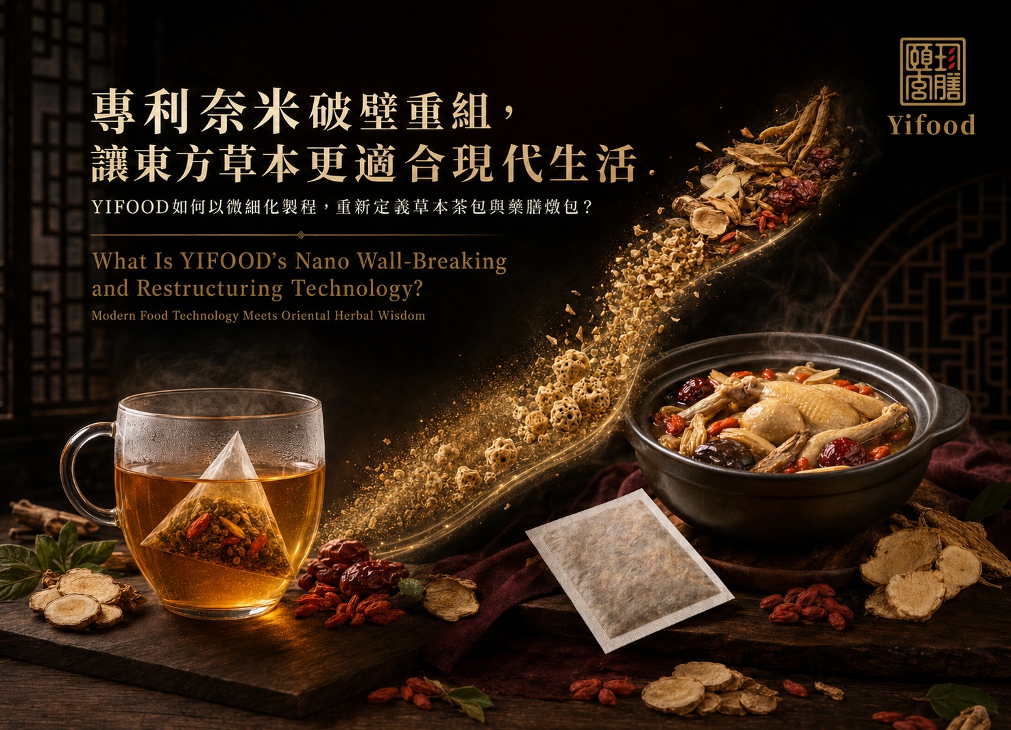 YIFOOD奈米破壁技術, 頤珍宮膳專利技術, 奈米破壁重組, 迅速低溫沖泡, 冷泡草本茶, 東方草本茶包, 無咖啡因草本茶, 藥膳燉包, 漢方燉包,新和春,草本微細化, 草本溶出率, 台灣草本品牌, 藥膳包比較, 冷泡茶包推薦, herbal tea bag, herbal soup blend