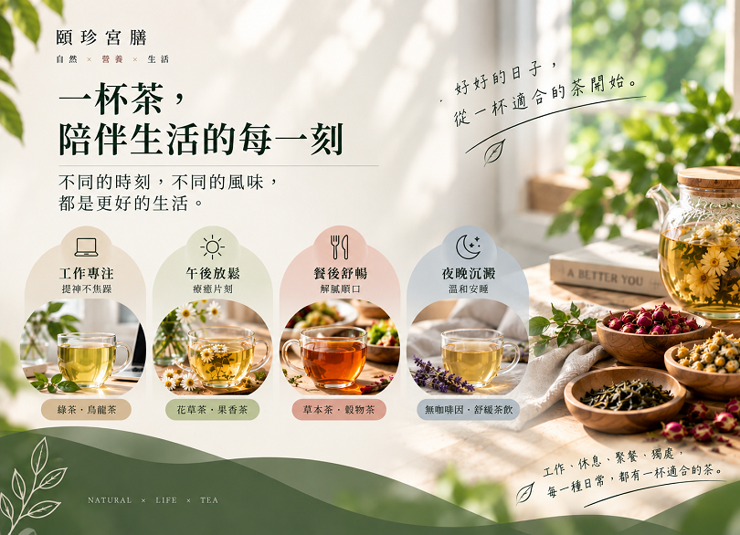 頤珍宮膳「一杯茶,陪伴生活的每一刻」專欄視覺,呈現工作、午後放鬆、餐後舒暢與夜晚沉澱四種生活情境,搭配綠茶、花草茶、草本茶及無咖啡因茶飲。