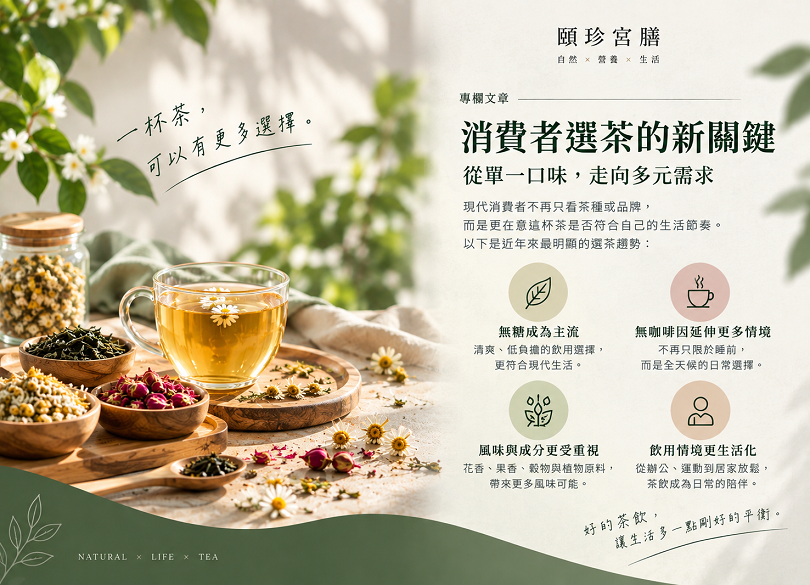 頤珍宮膳專欄「消費者選茶的新關鍵」,以草本茶、花草茶與茶飲情境呈現現代消費者的選茶需求,聚焦無糖、無咖啡因、風味與飲用情境等多元選擇。